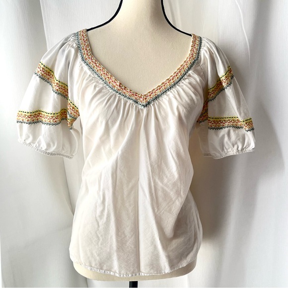 LOFT Tops - Loft Short Sleeve Puff Sleeve Embroidered V-neck Blouse, White, Size S